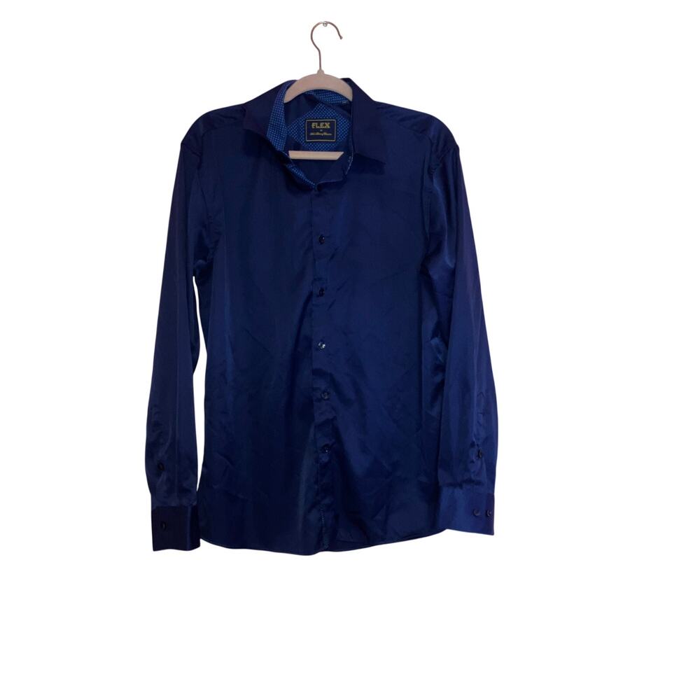 Flex Blue Satin Feeling Button Front Top Size Large